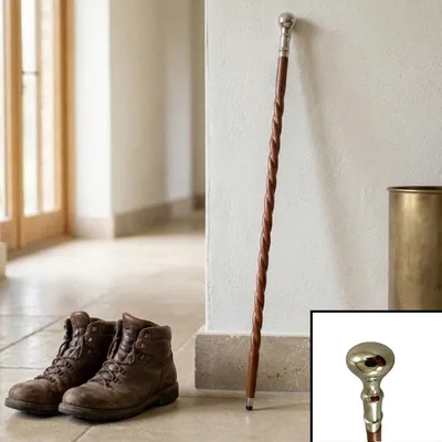 Produktbild von Spazierstock aus Holz und Messing, braun, Kugelgriff vernickelt, H.97 cm