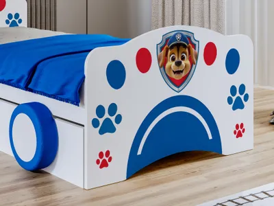 Produktbild von 1x Happy Babies Kinderbett mit Rausfallschutz Junge 140x70 Bett für Kinderzimmer mit Schublade Matratze Einzelbett für Kinder Weiß Blau Hundemotiv