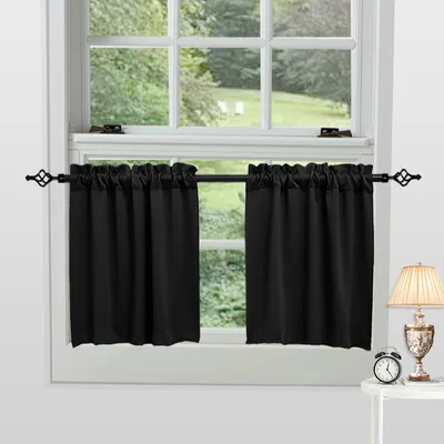 Produktbild von 2 Stück Scheibengardinen Verdunkelungs Vorhänge Bistrogardine Kurz Vorhang Gardinen für Küche Wohnzimmer Schlafzimmer, B85xH91cm, Schwarz
