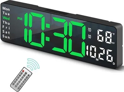 Obrázek produktu pro Digitální nástěnné hodiny s dálkovým ovládáním, LED displejem s časem a počasím, automatickým nastavením jasu, zelené, velké