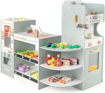 Imagen del producto de Tienda de juegos para niños, tienda de madera con caja registradora realista y máquina expendedora, supermercado de juguete con accesorios y máquina de café, puesto de venta de juguetes para niños a partir de 3 años (gris y blanco)