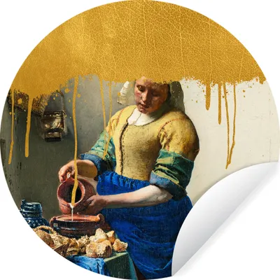 Produktbild von MuchoWow® Runde Wandtattoo - Wandsticker Tapete Aufkleber Milchmädchen - Gold - Vermeer Ø 80 cm Selbstklebend und Repositionierbar - Wandaufkleber - Kreis - Mauerkreis - Wand Bilder - Wandsticker - Wohnzimmer Dekoration - Dekoration für die Wände - Aluminium - Babyzimmer