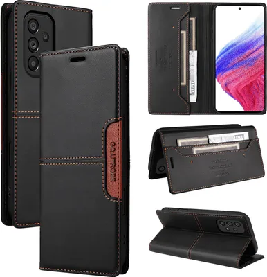 A collage of images showing a black leather flip wallet phone case for a Samsung Galaxy A32 5G.