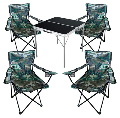 Image de set de 5 meubles de camping camouflage table noire + chaises de camping