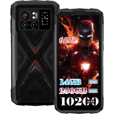 A rugged smartphone is shown next to its back view, with marketing text overlayed on the screen.