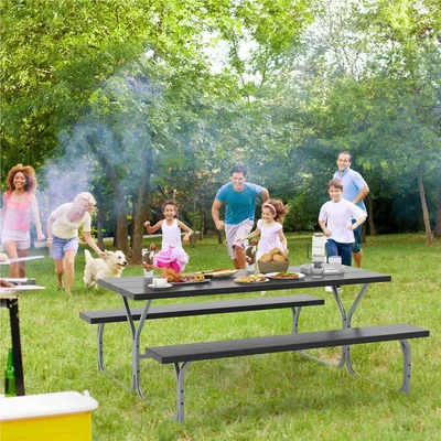 Image de Ensemble de tables et bancs pour bière - Ensemble de bancs - Table de pique-nique - Table de fête - Ensemble de table et chaises de jardin - Plateau en HDPE résistant aux intempéries