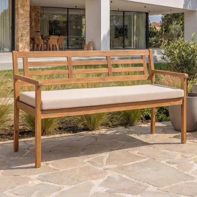 Obrázok produktu pre Záhradná lavička HWC-N47, 82x145x59 cm, akáciové drevo - krémovo-béžový vankúš
