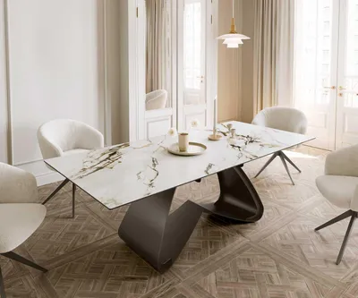 Produktbild von DELIFE Esstisch Edge 180-220x100 Keramik Calacatta Luxe Weiß-Gold-Grau W-Gestell Effektfinish Titan Ausziehbar