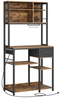 Produktbild von Küchenregal - Mikrowellenregal - Verstellbare Böden - Steckdosen - Stoffschublade - Industrial Design - Braun/Schwarz