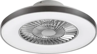 A close-up, studio shot of a modern ceiling light with an integrated fan.