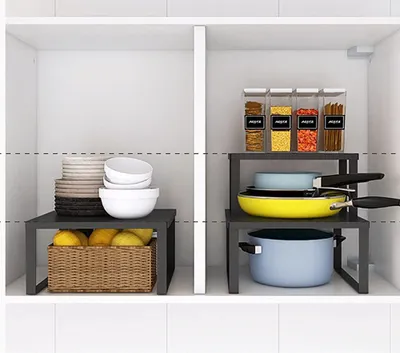 Produktbild von Küchenschrank Organizer - stapelbar - Küchenregal - Aufbewahrungsregal für Küche - Theke - Badezimmer - Make-up Organizer - schwarz