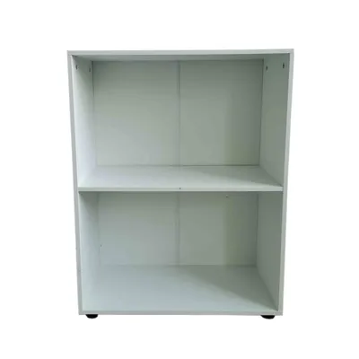 A white, two-shelf bookcase is shown against a white background.