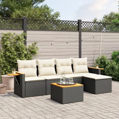 Produktbild von Design 6-tlg. Garten-Sofagarnitur mit Kissen Schwarz Poly Rattan, Gartenmöbel-Sets 2024 Neu
