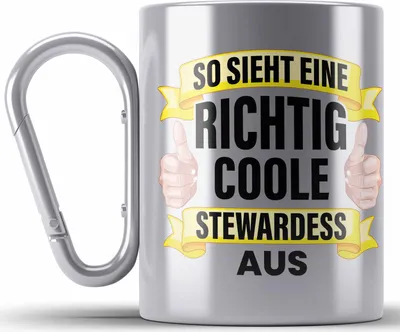 Produktbild von Trendation - Stewardess Edelstahl Tasse Karabiner Geschenk für Stewardessin Lustiger Spruch Karabiner Edelstahl Tasse Karabiner Edelstahl Lustig Flugbegleiterin Sprüche (Silber)