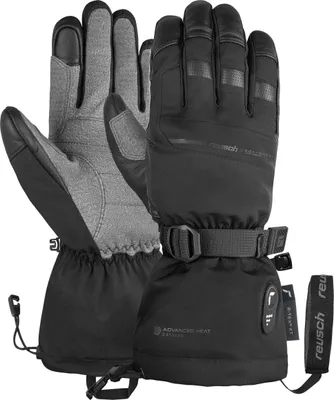 A pair of black and gray ski gloves are shown against a white background.
