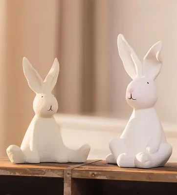 Produktbild von 2x Dekofigur "Häschen" aus Porzellan in beige und weiß, Hase 15 + 19 cm hoch, Osterfigur, Osterhase, Osterdeko