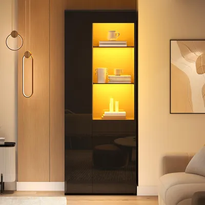 Produktbild von Merax Glasvitrine Hochglanz mit LED, 70x35x180 cm, Highboard mit Glasfächern, Push-to-Open Türen & Schublade, Standvitrine Schwarz