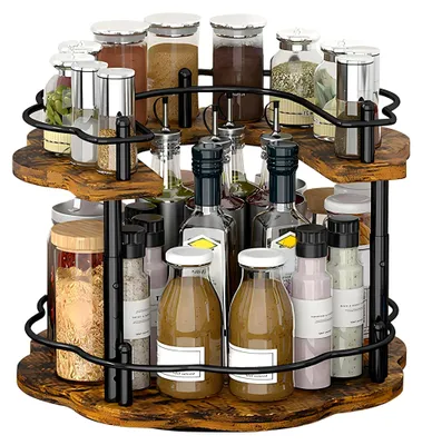Produktbild von Gewürzregal, Drehbarer Küchenorganizer, 2-stufig, Holz, Stehend, Lazy Susan Drehteller, Eckregal, 3 höhenverstellbar für Küche, Arbeitsplatte, Schrank