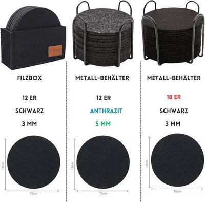 Produktbild von Set mit 18 Untersetzern – Untersetzer für Gläser – Untersetzer mit Halterung – Schwarze Untersetzer – Filzuntersetzer – 3 mm dicke Untersetzer – Tischuntersetzer
