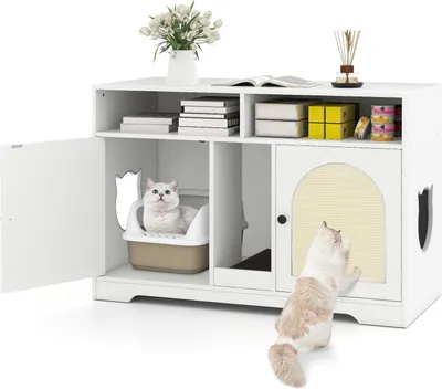 Produktbild von GOPLUS Katzenschrank, Katzentoilette mit 2 Sisal-Kratzmatten, Katzenklo, Kratzbrett, 2 Türen, 2 Eingänge & offene Fächer, Katzenmöbel für Katzen