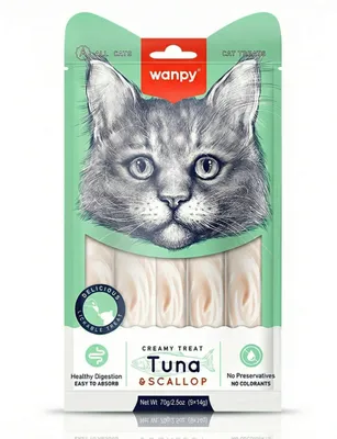 Produktbild von WANPY für Katzen „Creamy Treat TUNA & SCALLOP“ 70 g Thunfisch und Jakobsmuscheln