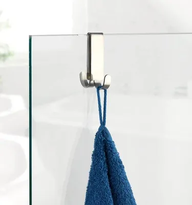 Produktbild von Unyqoos® Doppel-Duschhaken aus Edelstahl, matt – Über-Duschwand-Haken mit kratzschützender Rückseitenbeschichtung, ohne Bohren, platzsparend für Handtücher & Bademäntel