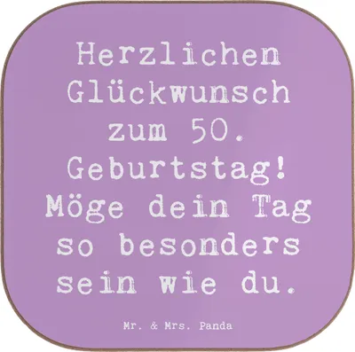 Produktbild von Mr. & Mrs. Panda Tischuntersetzer Spruch 50. Geburtstag Freude - Lavendeltraum - Geschenk, liebe Grüße, Herzlichen Glückwunsch zum, und Wertschätzung, Untersetzer Gläser