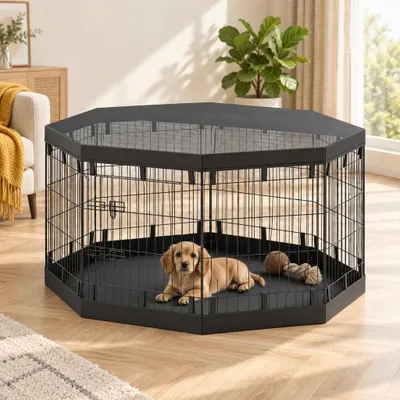 Produktbild von Hundegehege mit Dach & Bodenplane, Welpenauslauf faltbar, Stahl Netz, Schwarz | 8,1 kg | 8 Paneele | 159 x 159 x 76 cm