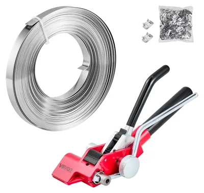 Zdjęcie produktu dla Zestaw do opasywania taśmą stalową VEVOR (3 elementy): ręczna opasarka z taśmą metalową o długości 30,5 m, 100 metalowymi zaciskami i nożykiem – idealne wyposażenie warsztatu do pakowania przemysłowego, transportu i magazynowania