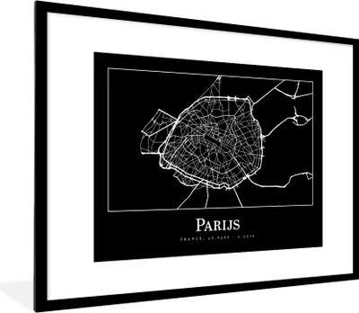 Produktbild von MuchoWow® Gerahmtes Poster Paris - Karte - Stadtplan 80x60 cm - Poster mit Schwarzem Bilderrahmen Wandposter Rahmen Foto Bilder - Schlafzimmer-Dekorationen - Fotoposter