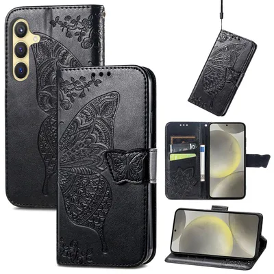 Produktbild von Für Samsung Galaxy S25 FE 5G Kunstleder Wallet Handy Tasche Schmetterling Design Hülle Etuis Schwarz