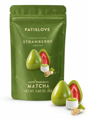 Image de Patislove, dragées matcha et fraise, fraises lyophilisées enrobées de chocolat blanc matcha, 80 g