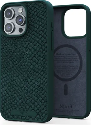 Image de Njord Collections Coque en cuir Salmon, pour iPhone 15 Pro Max, matériau recyclé / durable, protection contre les chutes de 2 mètres, compatible avec les aimants / anneau magnétique inclus, Vert