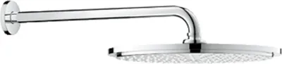 A chrome shower head mounted on a wall.