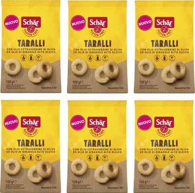Produktbild von 6x Schär Gluten Free Taralli mit Nativem Olivenöl Extra und Sonnenblumenöl Salziger Snack Glutenfrei 120g Beutel Perfekter Aperitif-Snack