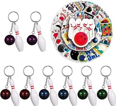 Image de Lot de porte-clés en forme de mini-boules de bowling : rouge, violet, vert, bleu - 75 x 28 cm