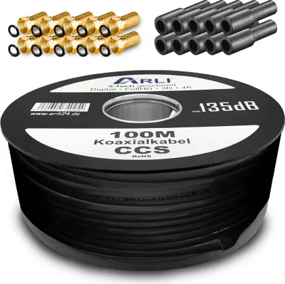 Produktbild von 100m ARLI Koaxialkabel Schwarz – max. 135 dB 5-fach geschirmt UV-beständig + 10x F-Stecker vergoldet & 10x Gummitüllen für DVB-S DVB-T2 4K HDTV