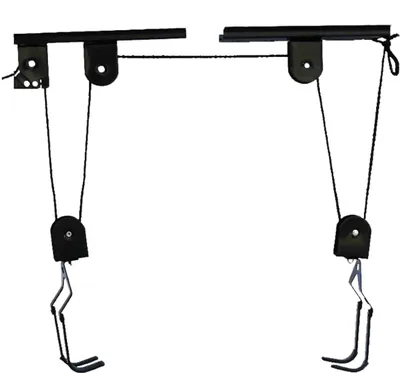 Produktbild von Fahrradlift für Garage - Deckenmontage Seilzug System - 60 kg Tragkraft - Platzsparende Fahrradaufhängung - Stahlhalterung - Schwarz