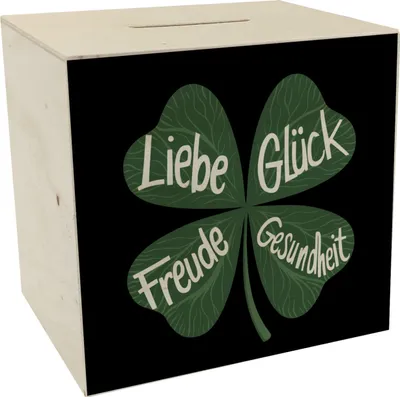 Produktbild von Kleeblatt Spardose aus Holz mit guten Wünschen