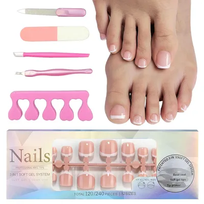 Produktbild von Falsche Fußnägel Kit 120 Stück 12 Größen Künstliche Zehennägel zum Aufkleben Full Cover Acryl Hautfarben-French