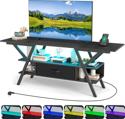 Zdjęcie produktu dla KOMFOTTEU Szafka TV z kolorowym oświetleniem LED, stojak TV ze stacją ładującą dla telewizorów do 65 cali, stolik konsola szafka TV z szufladą i otwartymi półkami (czarny)