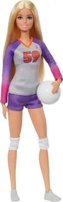 Produktbild von Barbie Puppe Volleyballspielerin aus Kunststoff und Stoff, mehrfarbig, 300 mm hoch, 90 mm breit, 35 mm tief, 20g, 22 bewegliche Gelenke, Made to Move, abnehmbares Kleid, Ball enthalten, ab 3 Jahren, HKT72