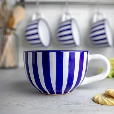 Image de Famanu, grande tasse en céramique, 500 ml, rayures bleues et blanches