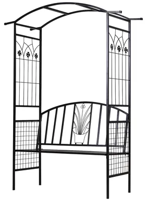 Produktbild von Pflanzbogen mit Bank Sitzbank Torbogen Rankgitter Rankhilfe Garten Bogendach Metall Schwarz 154 x 60 x 205 cm
