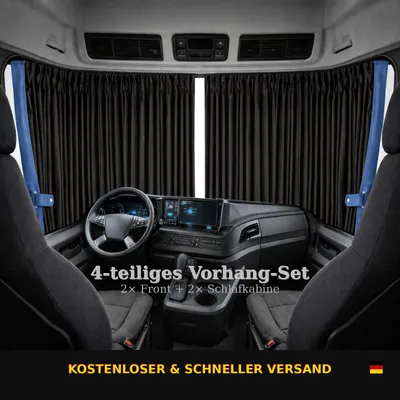 Image de Rideaux pour camion Volvo, lot de 4 rideaux pour vitres avant et cabine couchette, noir et bleu