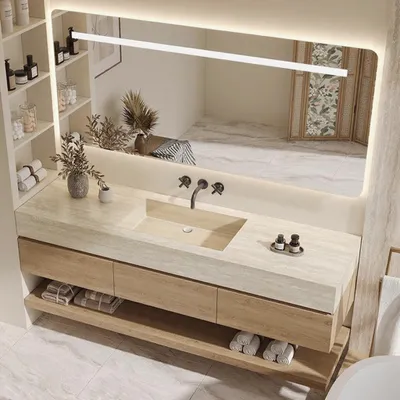A modern bathroom vanity with a sink, mirror, and shelving.