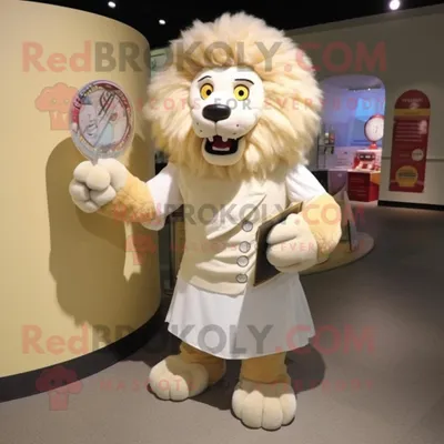 Produktbild von Cremefarbener REDBROKOLY Maskottchen Kostüm als Löwe-Bändiger bekleidet mit einem Kleid und Geldbörsen
