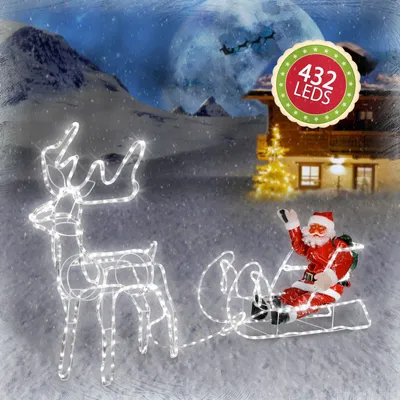 Produktbild von 210 cm LED Rentier Schlitten mit Weihnachtsmann 432 LEDs 72 Funkel Flash LEDs ️Energieeffizient 0,029KW/h️, Lichtfarbe:warmweiss