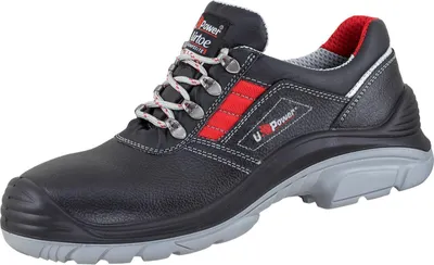 A single black and red safety shoe is shown against a white background.