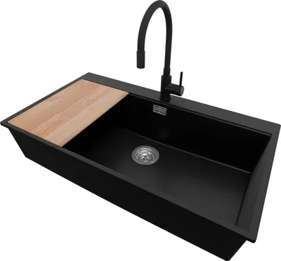 Produktbild von PRIMAGRAN Granitspüle Schwarz 88x50cm, Spülbecken 1 Becken + Küchenarmatur 40x38cm + Ablauf-Set + Schneidebrett, Küchenspüle ab 90er Unterschrank - Oslo